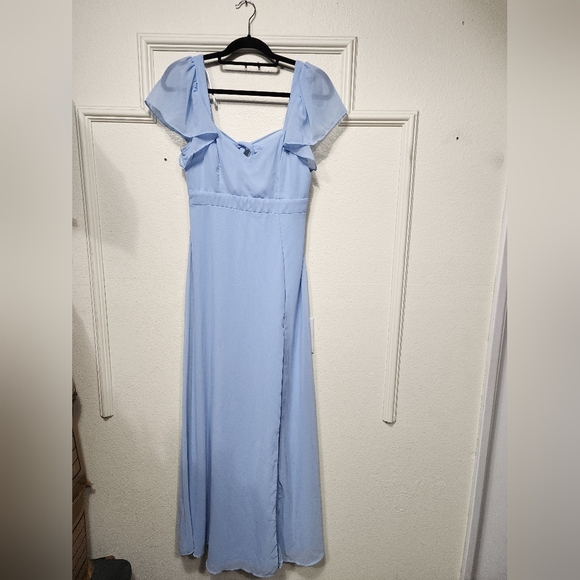 Lulus Simply Delightful Light Blue Tie-Back Flutter Sleeve Maxi M Wedding Party - Picture 6 of 10